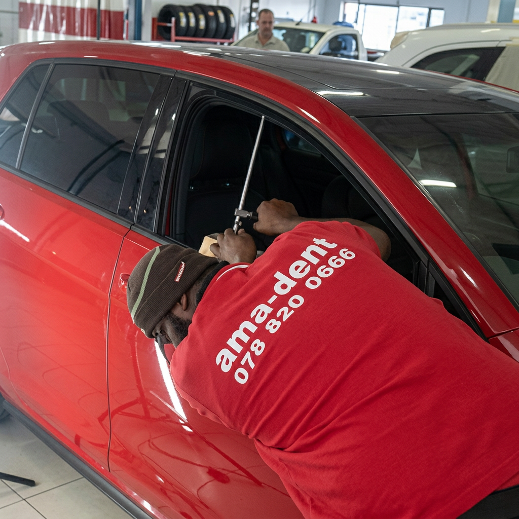 Amadents technician working on a red vehicle