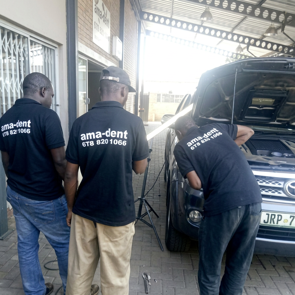 Amadents team working on a vehicle in Rustenburg